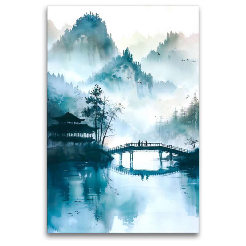 Chinesische Landschaft bei Morgennebel am Fluss. Brücke Aquarellmalerei.