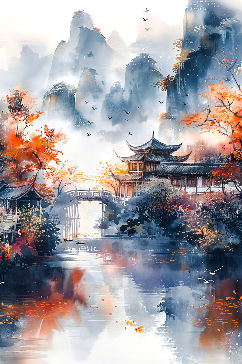 Herbst in China. Tempel in den Bergen am Fluss. Aquarellmalerei