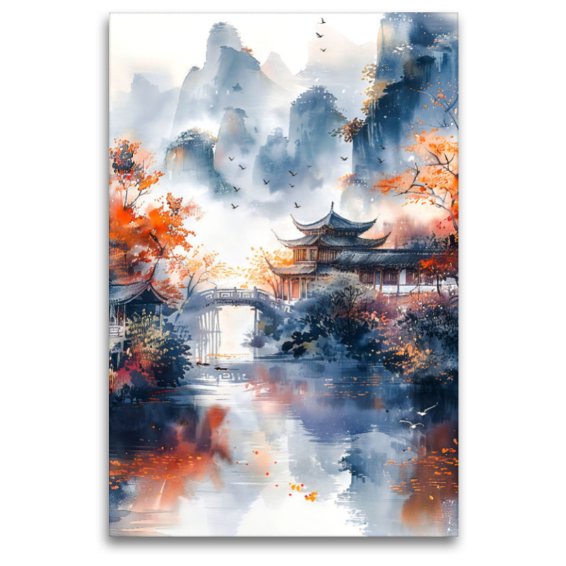 Herbst in China. Tempel in den Bergen am Fluss. Aquarellmalerei