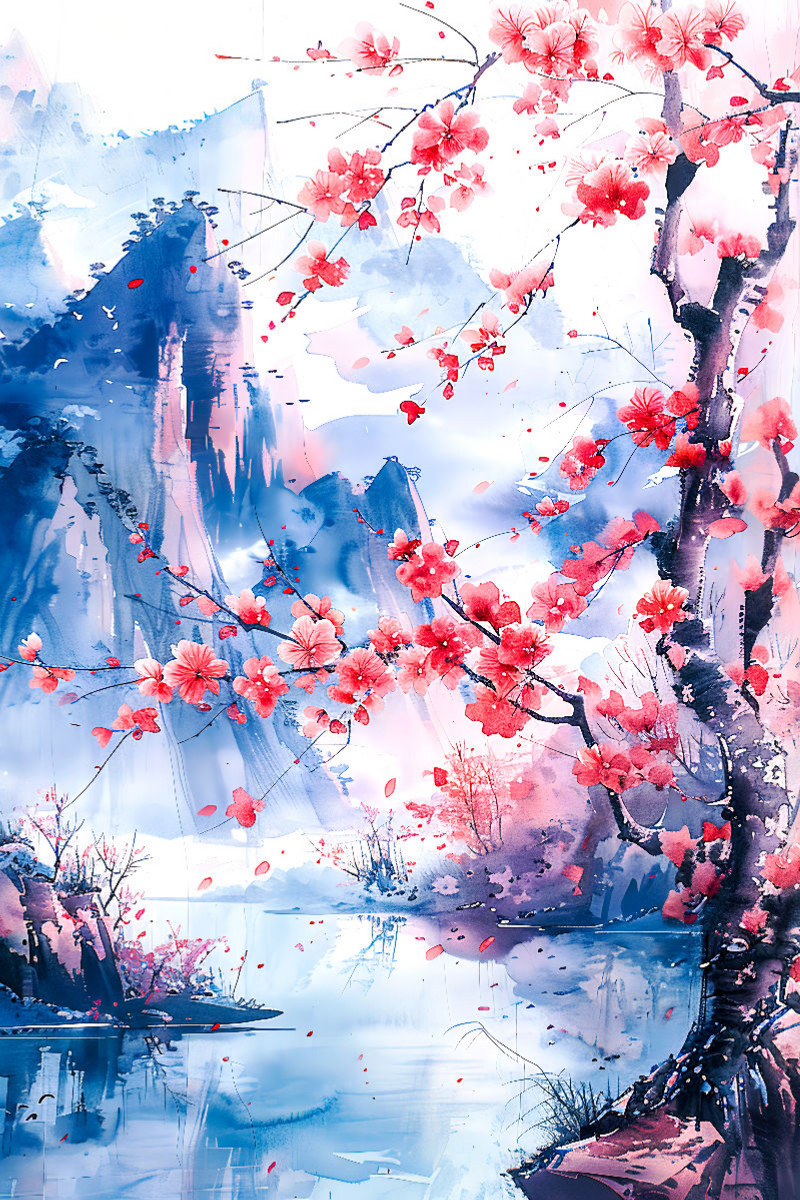 Kirschblüte in Aquarellfarbe. China Landschaft