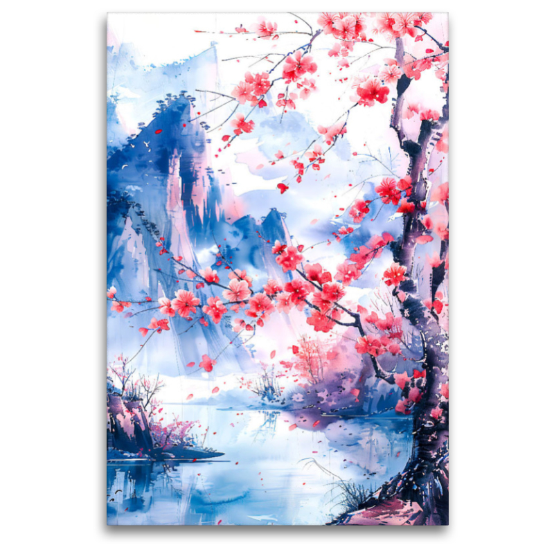 Kirschblüte in Aquarellfarbe. China Landschaft