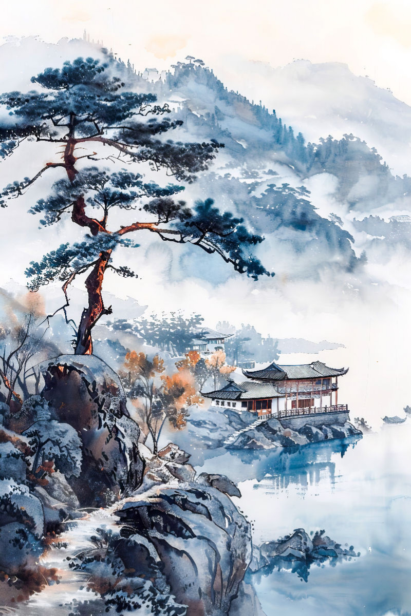 Alte Pinie am Pfad zum Fluss. Chinesische Landschaft Aquarell.