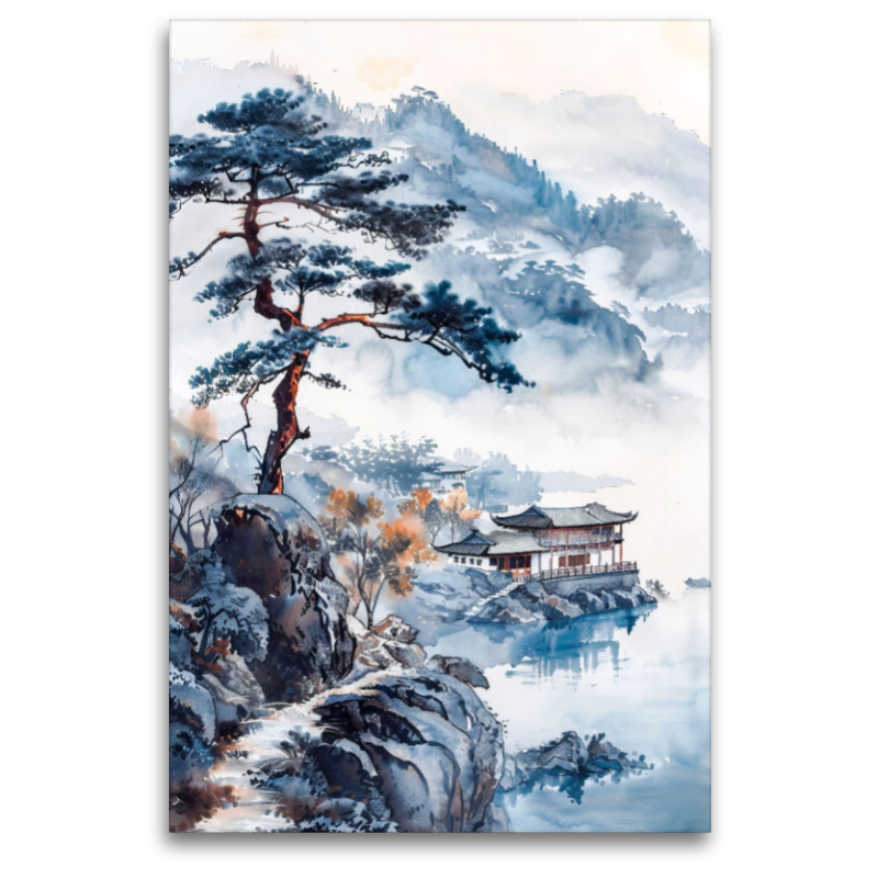 Alte Pinie am Pfad zum Fluss. Chinesische Landschaft Aquarell.