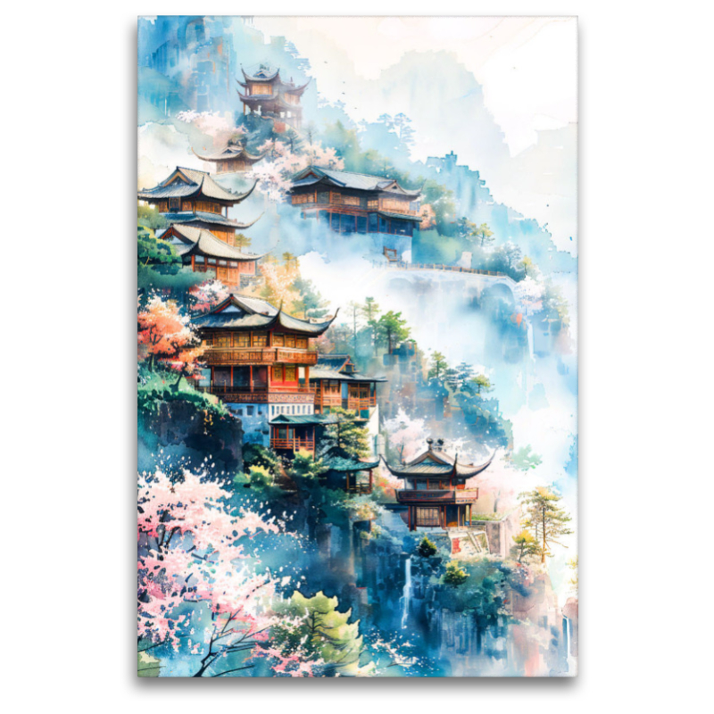 Dorf in den Bergen in China. Aquarellkunst