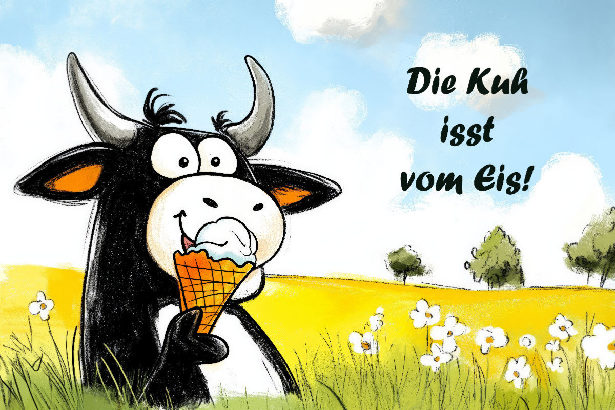 Die Kuh isst vom Eis