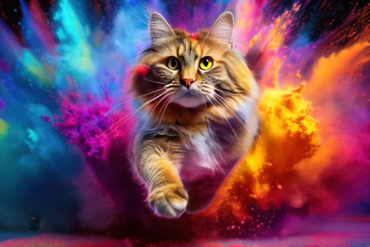 Eine rote Katze rennt durch Holi Pulver