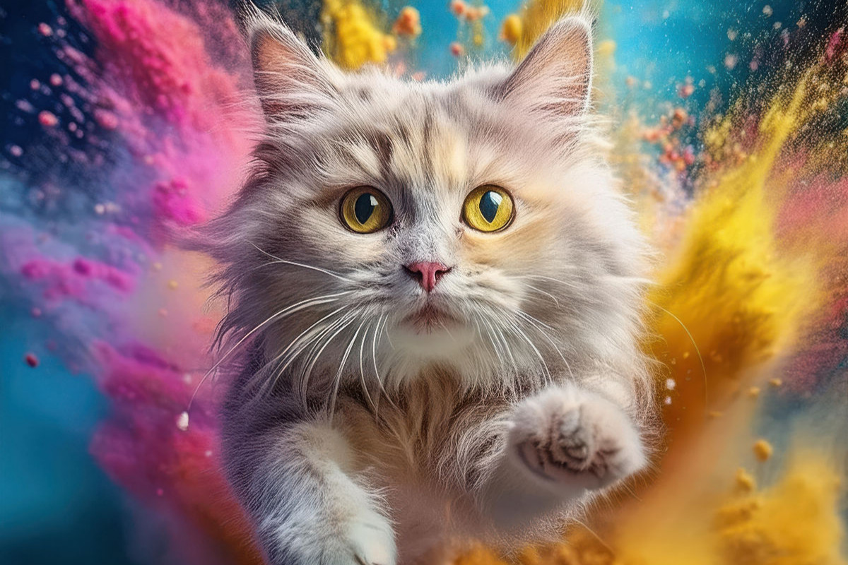 Eine helle Katze mit großen Augen inmitten bunten Holi Pulber Farbwolken