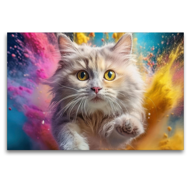 Eine helle Katze mit großen Augen inmitten bunten Holi Pulber Farbwolken