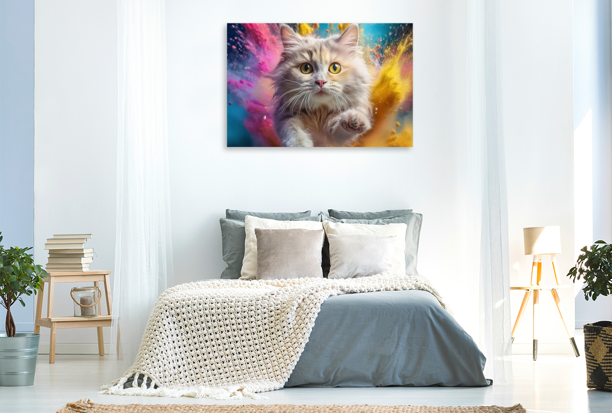 Eine helle Katze mit großen Augen inmitten bunten Holi Pulber Farbwolken