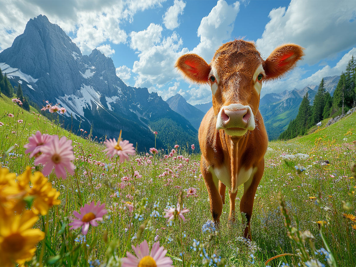 Kuh auf blühender Almwiese im Allgäu