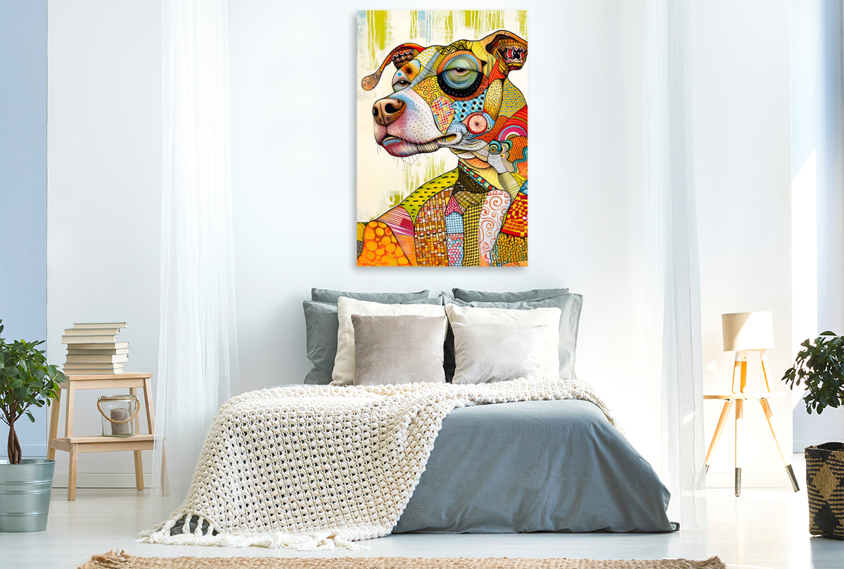 Blumenfellnase mit buntem Pop-Art Hundegesicht