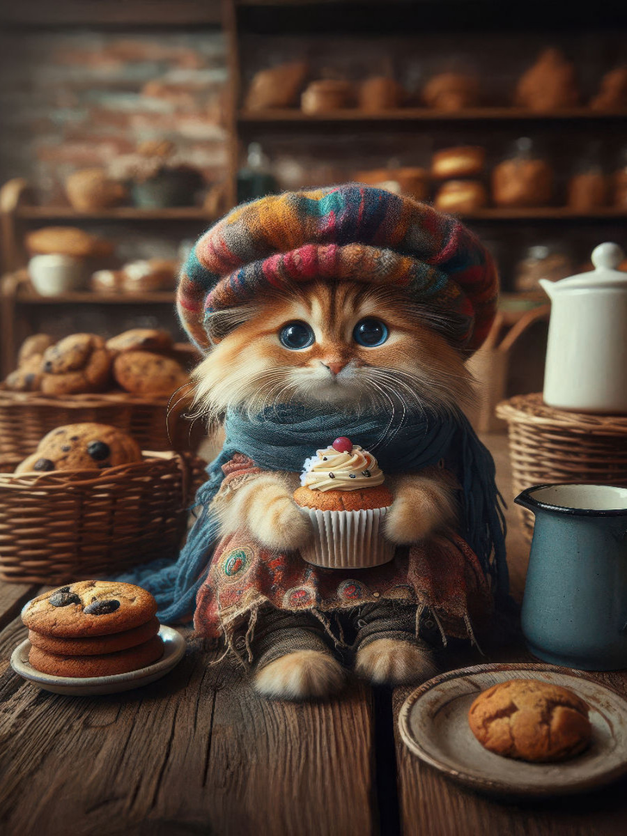 In einer Bäckerei probiert diese kleine Katze einen Muffin