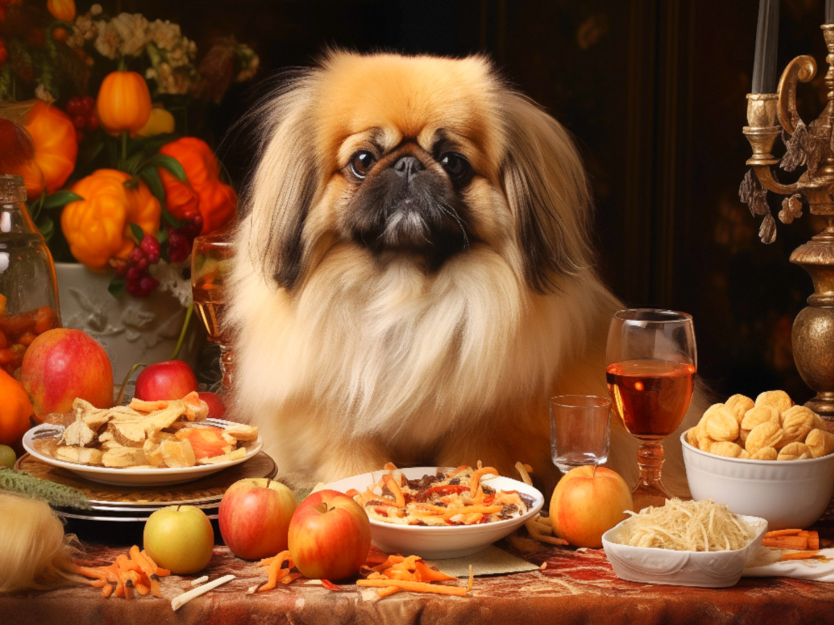 Lieblicher Pekinese am herbstlich gedeckten Tisch