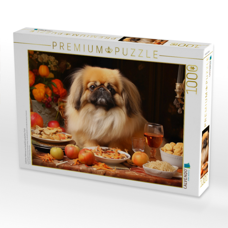 Lieblicher Pekinese am herbstlich gedeckten Tisch