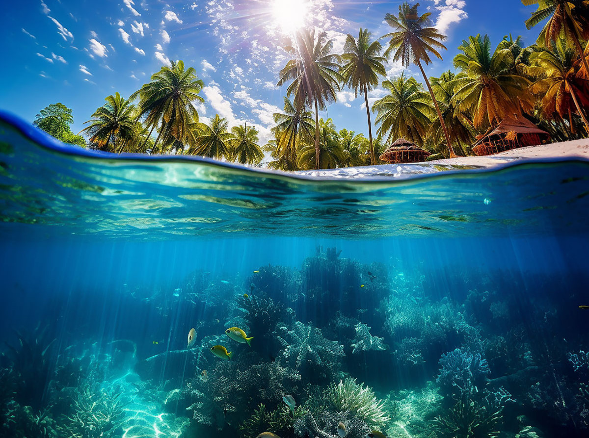 Tropisches Paradies mit Palmen und Unterwasser