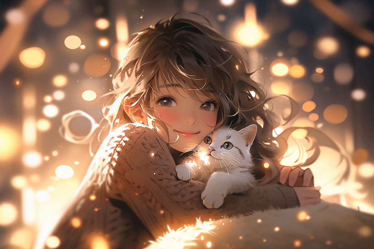 Manga Illustration - Mädchen kuschelt mit Katze