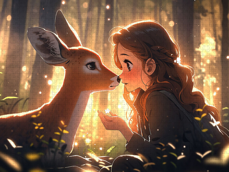 Manga Illustration - Mädchen mit Reh im Wald