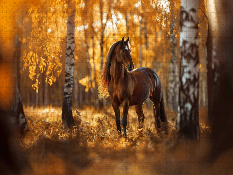 Braunes Pferd im Herbstwald