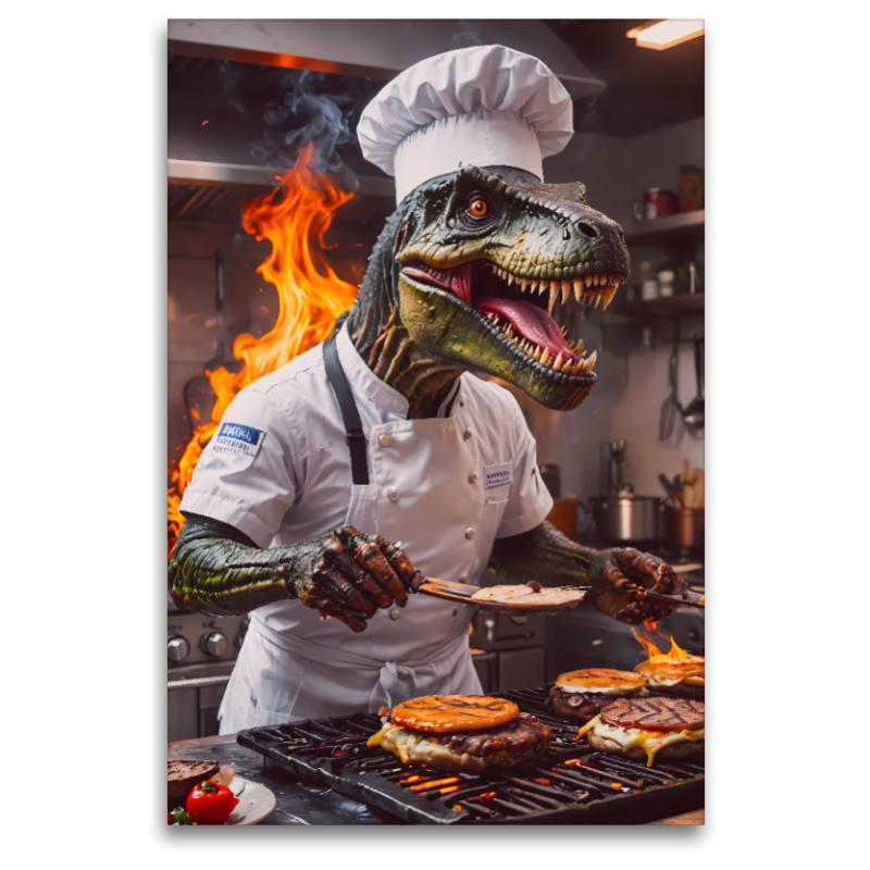 Der T-Rex Chefkoch brät Burger