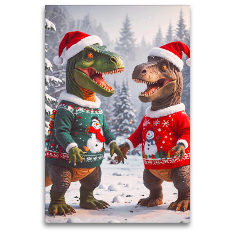 Zwei Dinos haben Spaß im weihnachtlichen Schnee