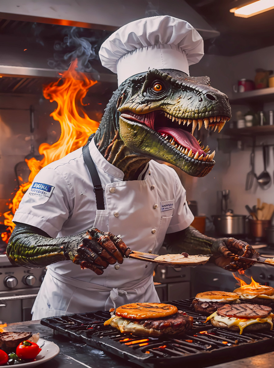 Der T-Rex Chefkoch brät Burger