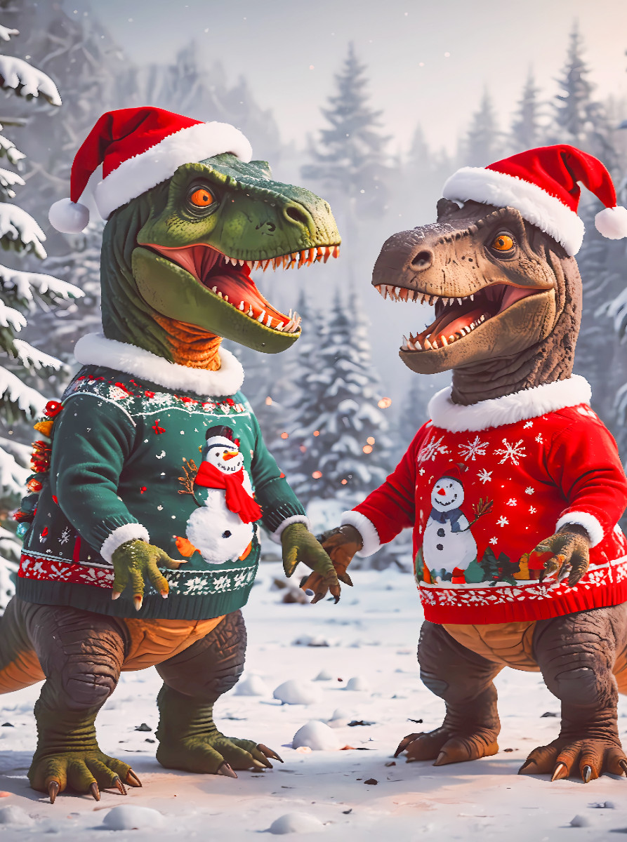 Zwei Dinos haben Spaß im weihnachtlichen Schnee