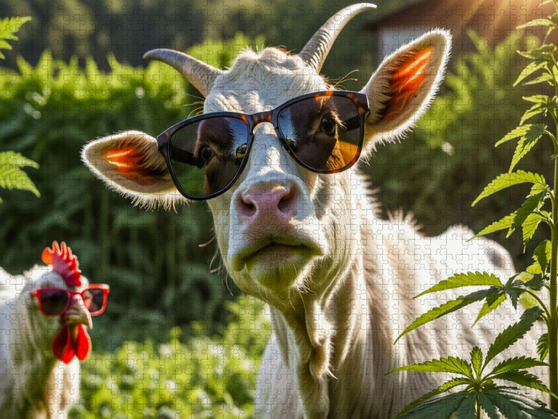 Ziege mit Sonnenbrille im Hanffeld - Farm Vibes auf THC-Level