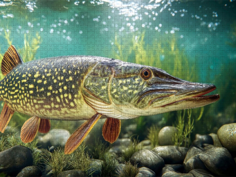 Ein majestätischer Hecht, der durchs klare Wasser gleitet,