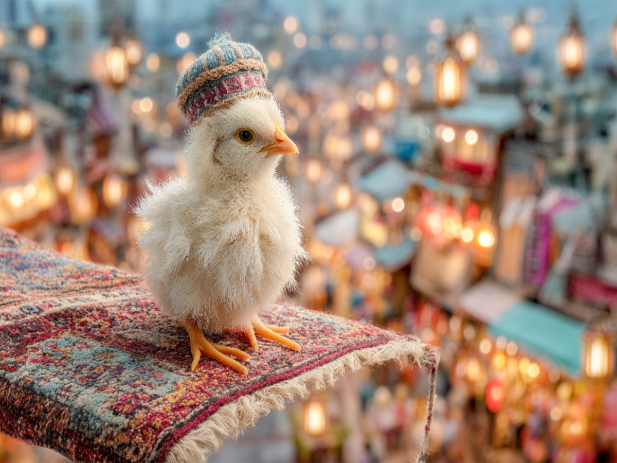 Küken auf fliegendem Teppich über orientalischem Basar