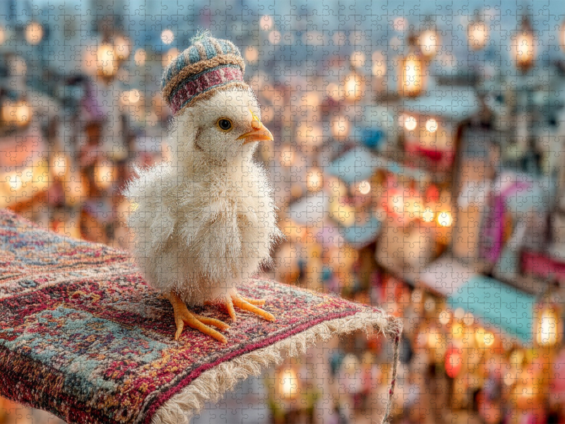 Küken auf fliegendem Teppich über orientalischem Basar