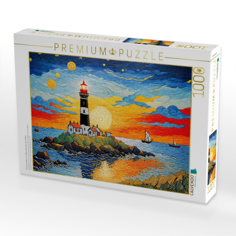 Insel Leuchtturm im Abendrot über den Wellen