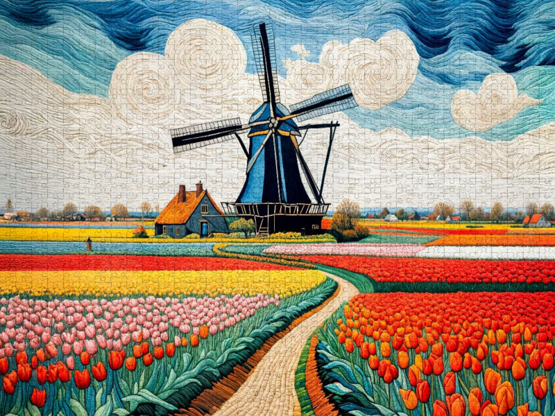 Windmühle bei buntem Tulpenmeer im Frühling