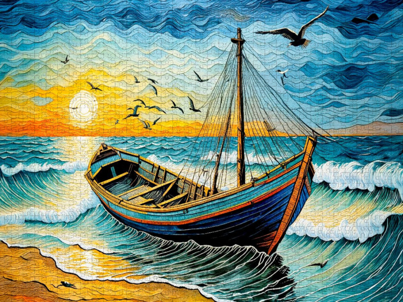 Boot auf Wellen im goldenen Sonnenuntergang