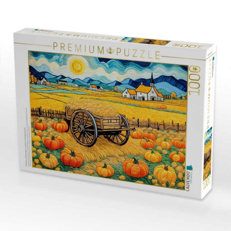 Kürbisse und Heuwagen in goldener Herbstlandschaft