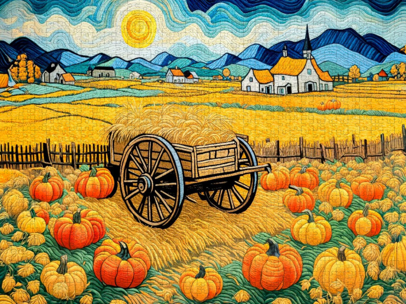 Kürbisse und Heuwagen in goldener Herbstlandschaft