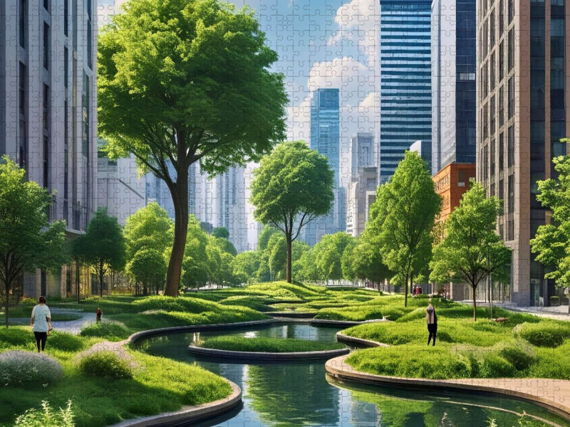 Teichanlage mit Stadt