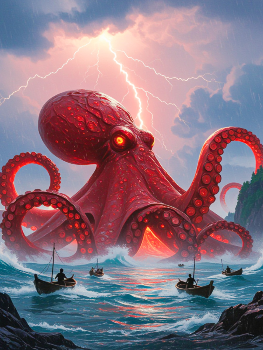 Akkorokamui, riesiger roter Oktopus