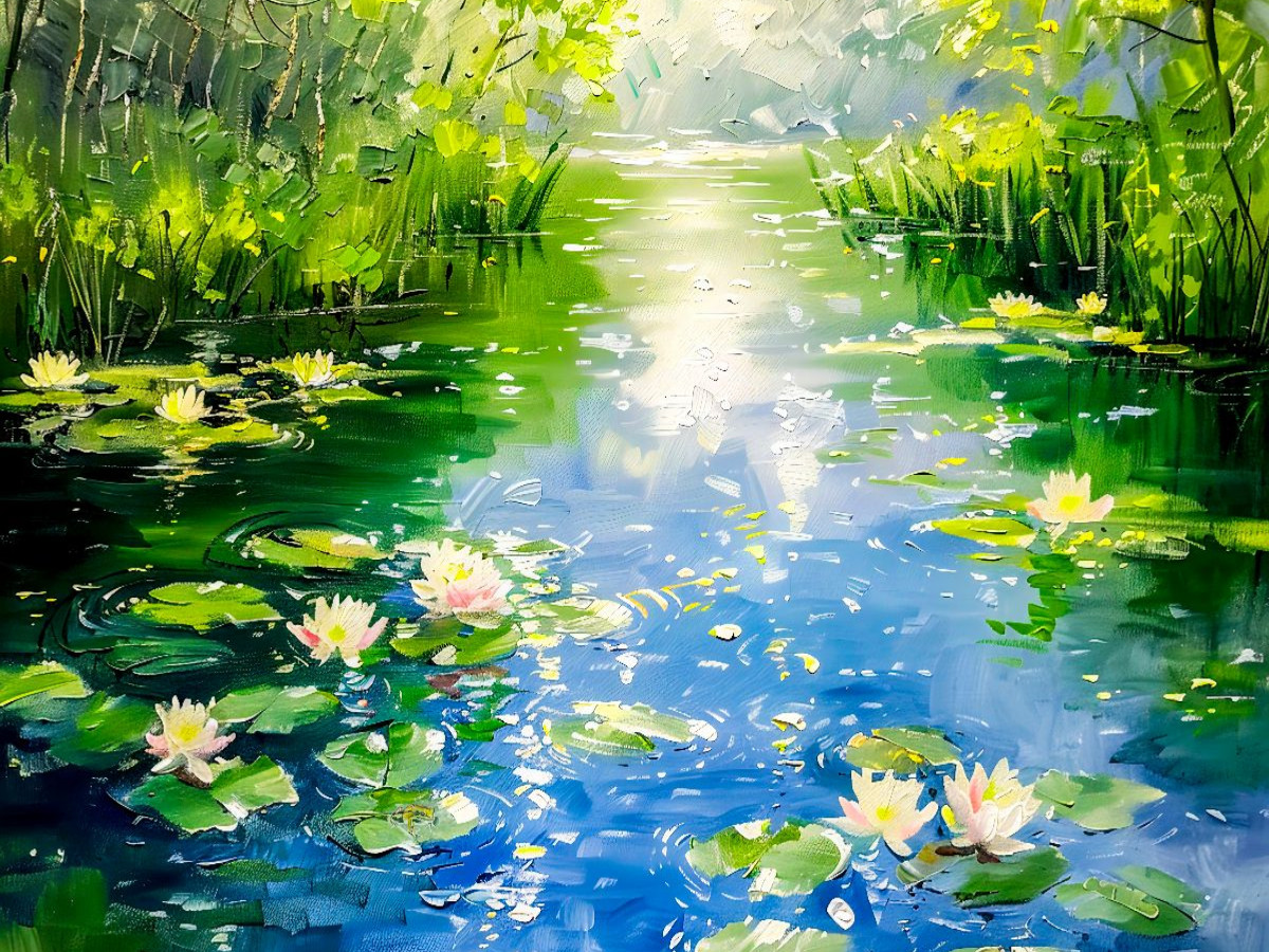 Sommerteich mit Seerosen im impressionistischen Stil