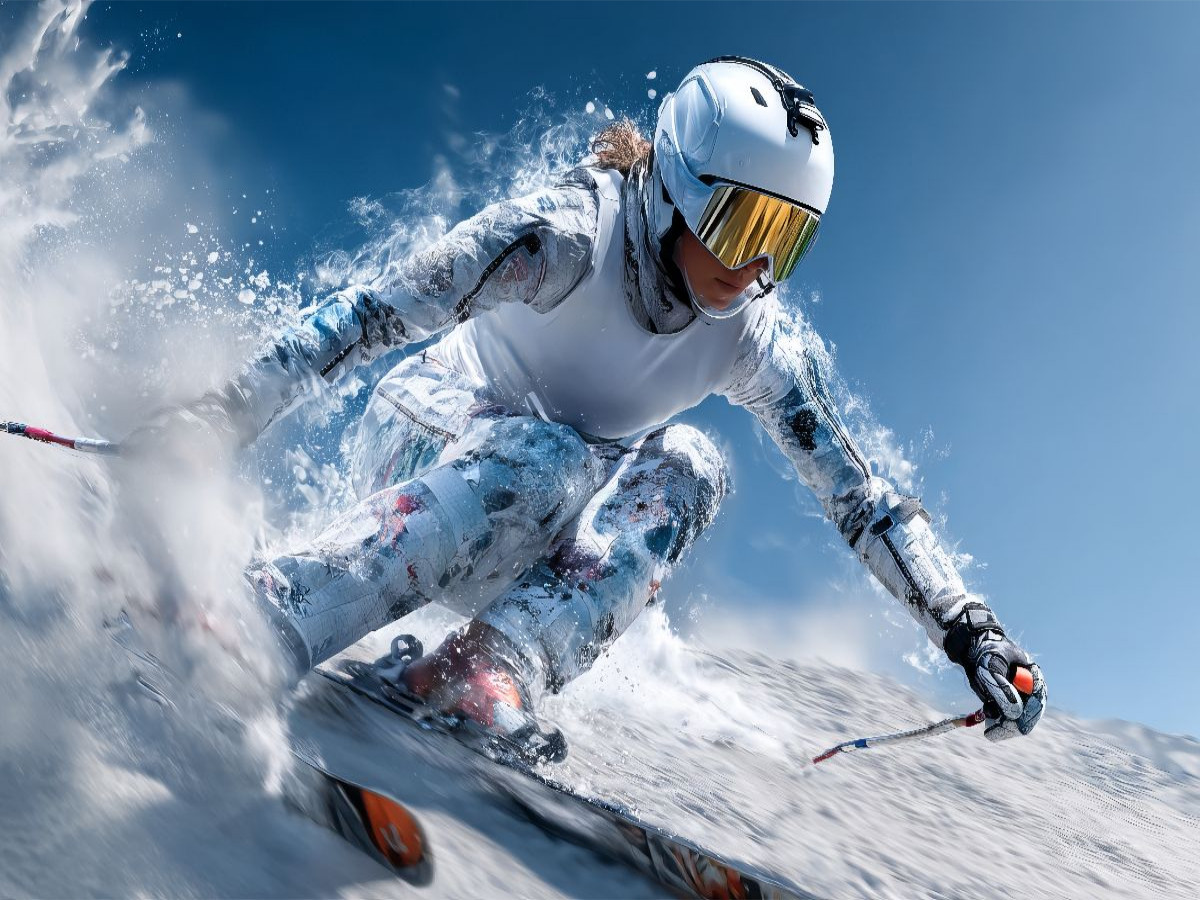 Ski Alpin Szene einer rasanten Abfahrt. Kraftvolle Wintersport-Szene im künstlerischen Stil