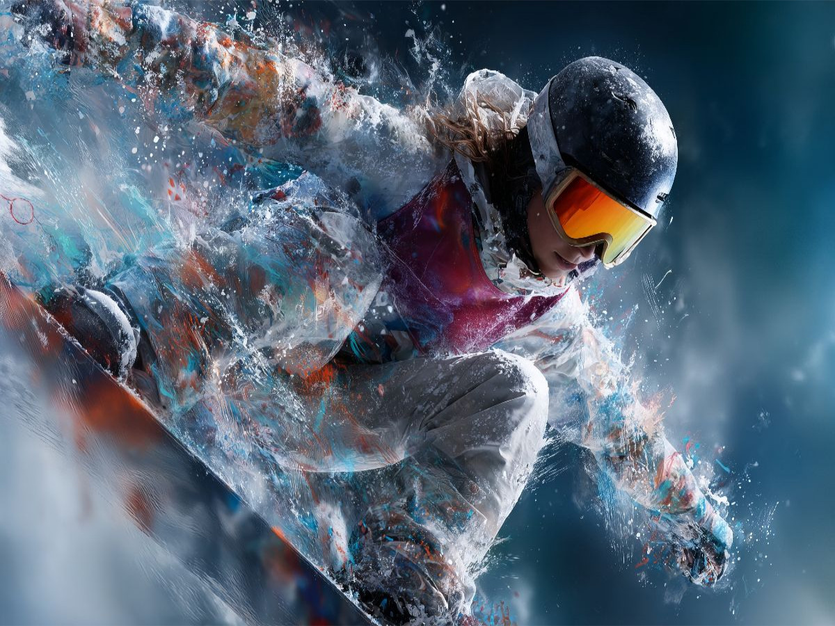 Snowboarderin in Action vor winterlicher Bergkulisse. Dynamisches Motiv im künstlerischen Stil