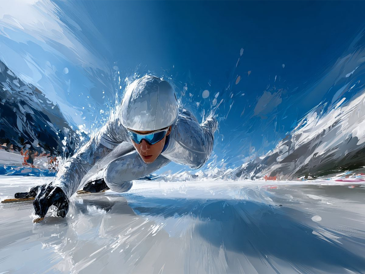 Speed Skaterin auf der Eisbahn. Dynamische Wettkampf-Szene im künstlerischen Stil
