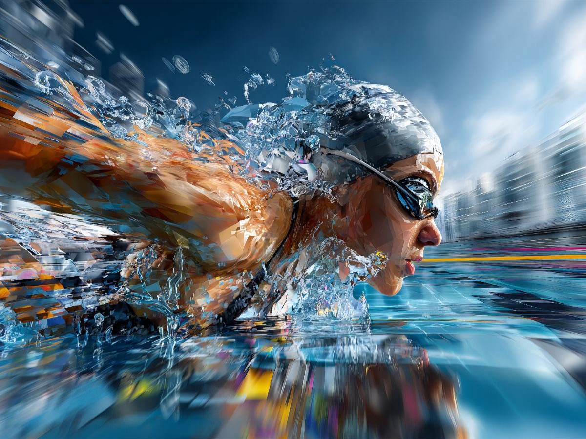 Schwimmerin in Bewegung im Wettkampf. Ausdrucksstarkes Sportmotiv im künstlerischen Stil
