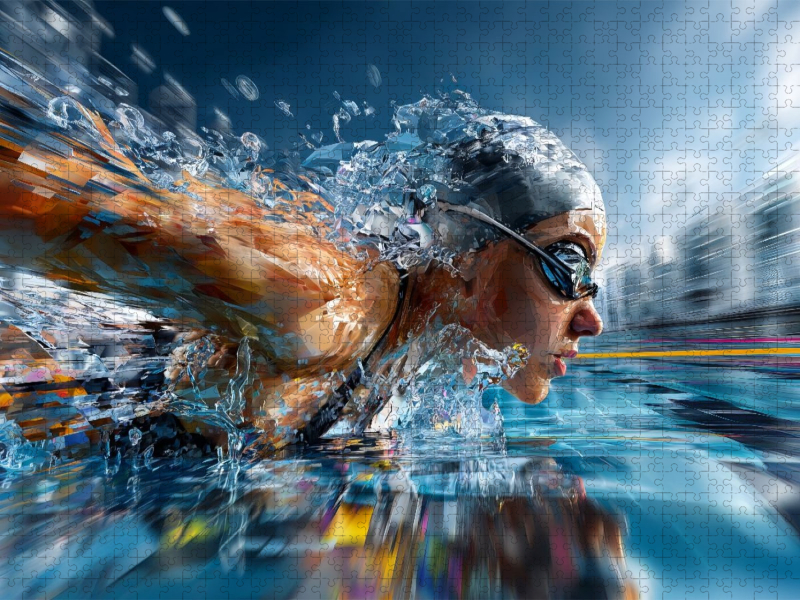 Schwimmerin in Bewegung im Wettkampf. Ausdrucksstarkes Sportmotiv im künstlerischen Stil