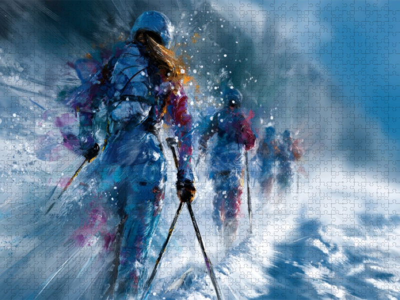 Biathleten in winterlicher Landschaft. Wettkampf-Szene im künstlerischen Stil