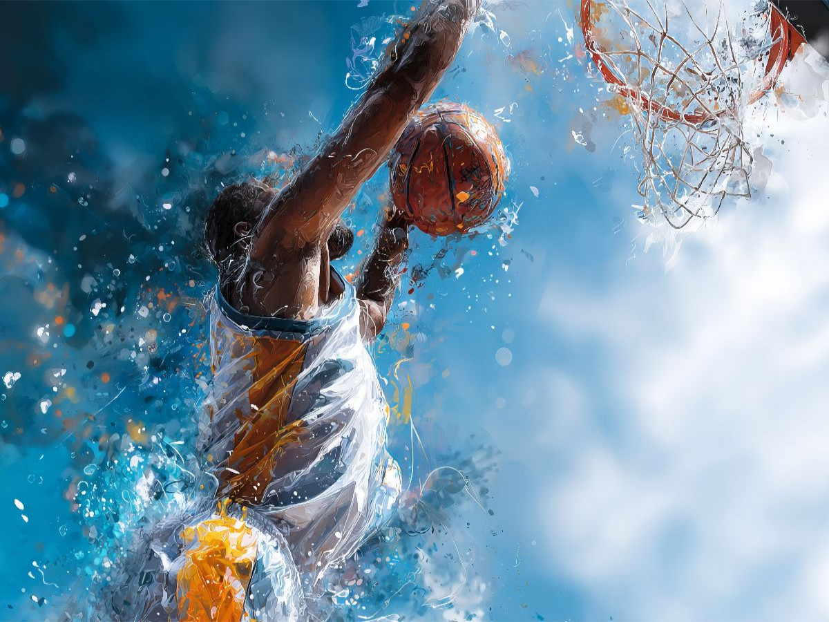 Basketballer im Sprung zum Korb. Dynamisches Sportmotiv im künstlerischen Stil