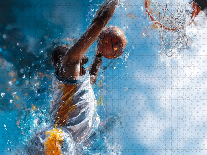 Basketballer im Sprung zum Korb. Dynamisches Sportmotiv im künstlerischen Stil