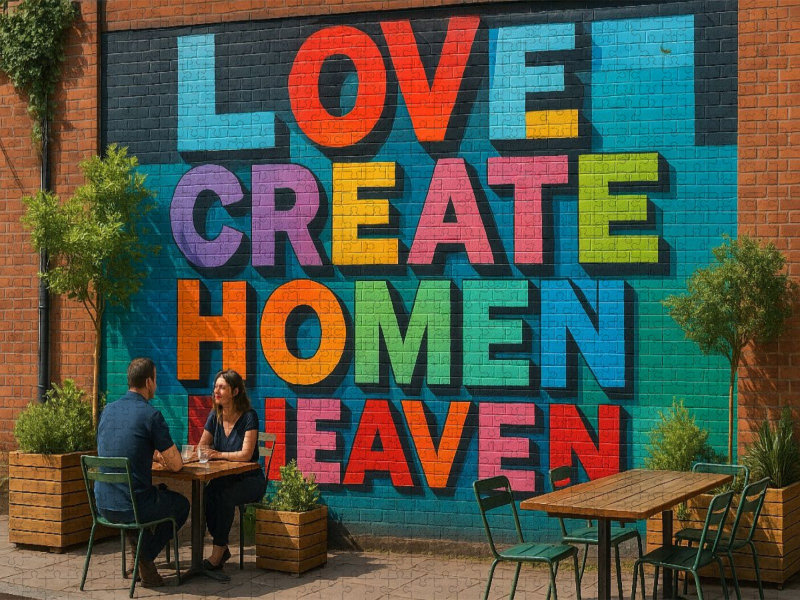 Straßencafe mit Botschaft - Mural an einer Wand
