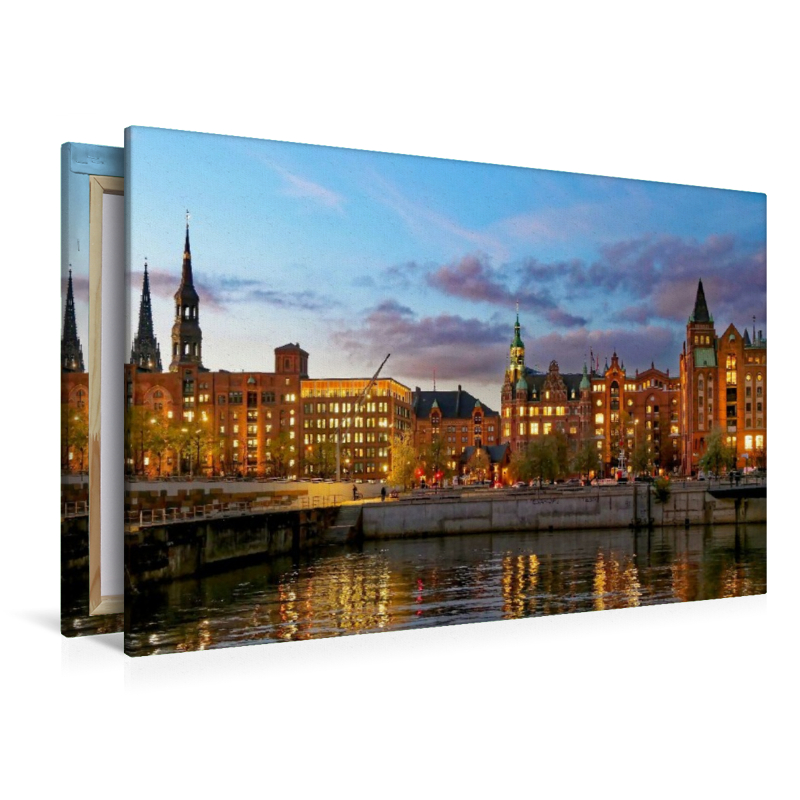 Abendlich beleuchtete Kontorhäuser über dem Brooktorhafen