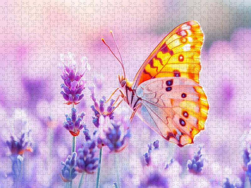 Schmetterling auf Lavendelblüten im Gegenlicht