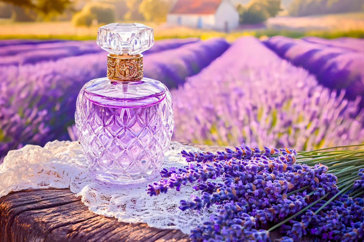 Lavendelparfum vor Blütenfeld im Sonnenlicht
